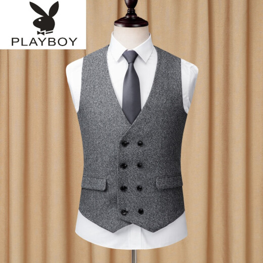 Playboy autumn new double-breasted retro suit vest men's fashion Korean version gray vest men's slim vest vest gray 180/XL