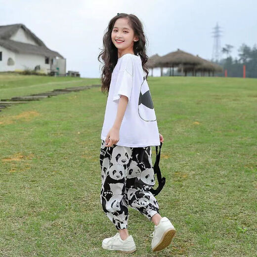 芭菲悦女童套装夏款装儿童装运动衣服中大童女孩短袖长裤夏季两件套衣服 681女熊猫套装-白 170建议身高160-170CM左右