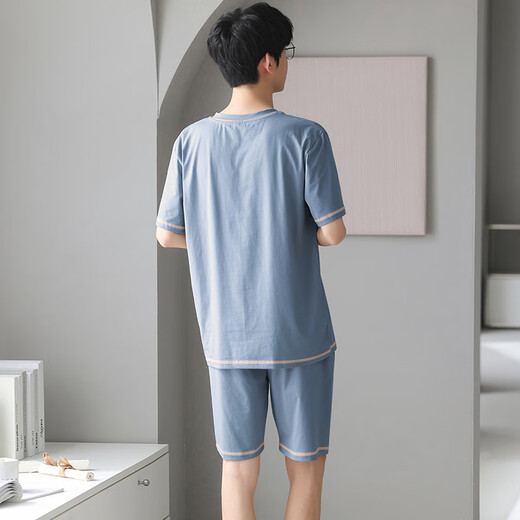 浪莎男士睡衣冰丝莫代尔触感可外穿夏季V领简约休闲家居服套装 浅蓝 XL