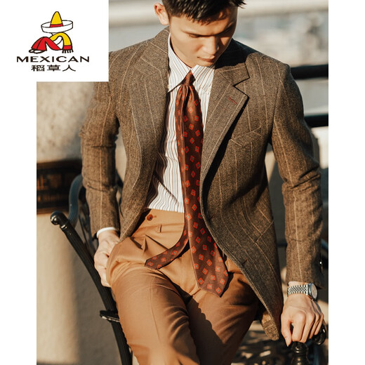 Scarecrow Casual Wollanzug Herren großer Retro-Fischknochenmuster Fischgröße Wollmantel Schlanker langärmeliger Gentleman-Anzug brauner Plaid 4xl (220jin [Jin entspricht ca. 0,5 kg])