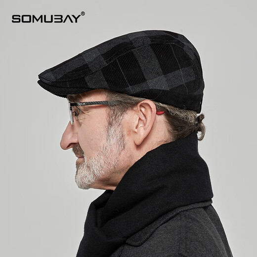 SOMUBAY middle-aged and elderly hats autumn and winter men's style plaid beret dad old man warm casual duck bill forward hat black one size (56-58cm) adjustable