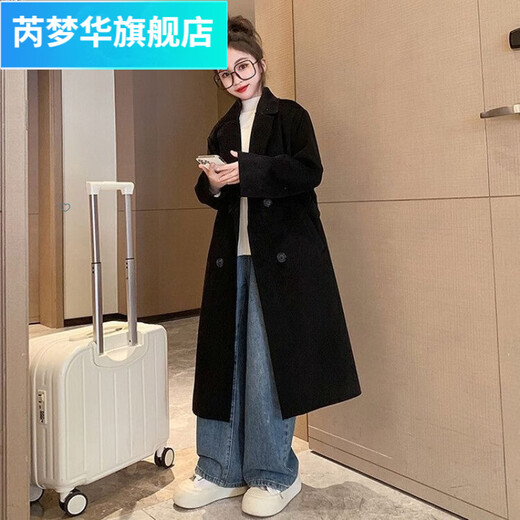 Rui Menghua Autumn and Winter 2025 Girls' New Woolen Coat Girls' Korean Style Large Children's Over-the-Knee Long Woolen Fashionable Jacket Black 150 Recommended height to be within 152cm