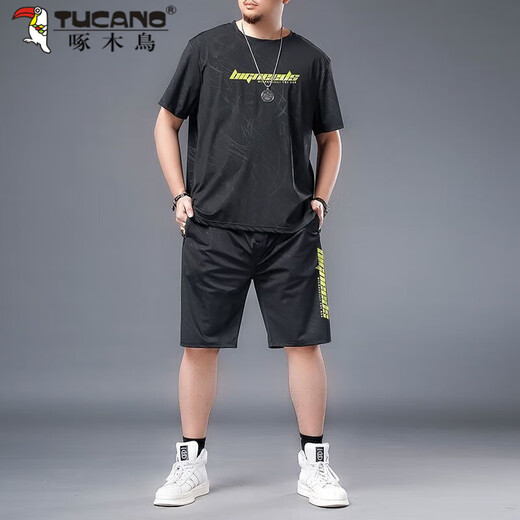啄木鸟大码冰丝运动服套装男夏季胖子加肥加大速干短裤短袖t恤休闲男装 黑色826一套 XL 建议125-140斤