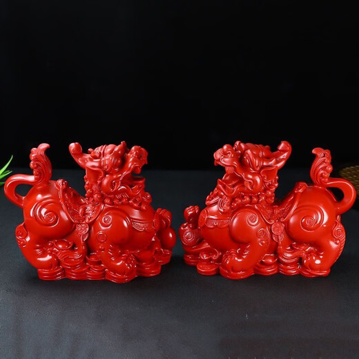 Natural cinnabar Pixiu ornaments to attract wealth and blessing Feng Shui decorations for living room and home office decoration crafts gifts Large size Pixiu male and female pairs about 17*7.5*14cm