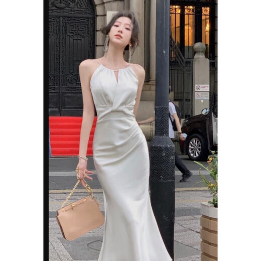 Con el estilo puro y retro de la falda de cola de satén para mujeres, vestido de fiesta de cumpleaños de halter francés nuevo estilo francés 9718 Off White M