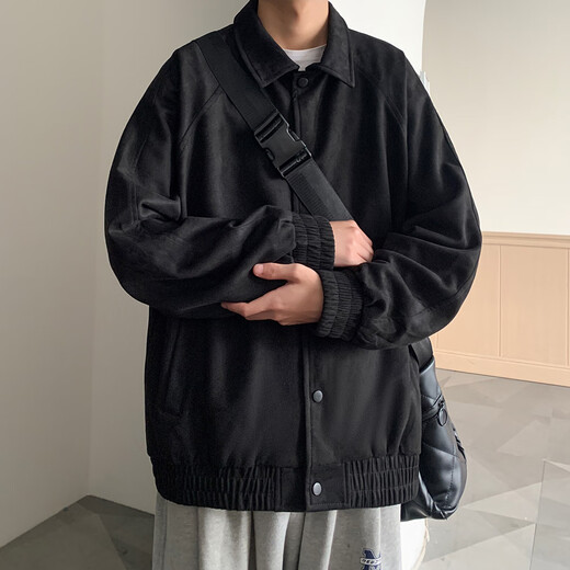 顶峰保罗（Dingfengbaoluo）夹克外套男士秋冬休闲宽松潮麂皮绒上衣美式棒球服YM9921黑色2XL