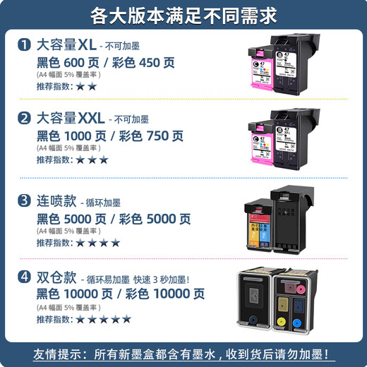 月辉适用惠普47墨盒HP4825 4877 4826 4829 4828 4928 4926打印机墨盒 【黑+彩连喷款】约10000页-送400ML墨水