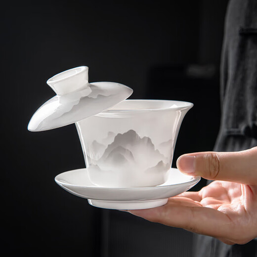 Xiangye Suet Jade Porcelain Kung Fu Tea Set Household Tea Art Ceramic Covered Bowl Teacup Tea Set Ink Distant Mountain Covered Bowl Six-Cup Glass Male Cup 9-piece Set