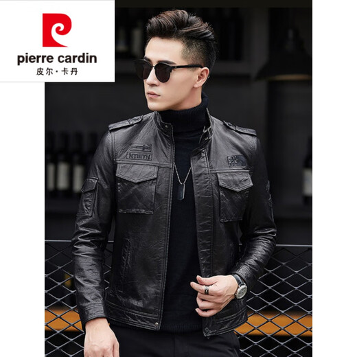 皮尔卡丹（pierre cardin）真皮皮衣男2023新款海宁绵羊皮机车修身短款韩版立领皮夹克外套潮 黑色-单皮 175/XL码-125-135斤