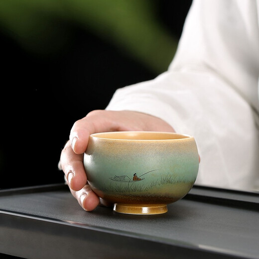 Gold inlaid jade hand-painted tea cup, ceramic kiln-turned single cup small water cup master cup Kung Fu tea set gift box 100ML random hand-painted cup