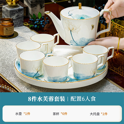 NINE CRANES Jingdezhen cup set 2024 new home light luxury bone china tea cup gift set tea set rotating tray high-end bone china water set 8-piece gift box