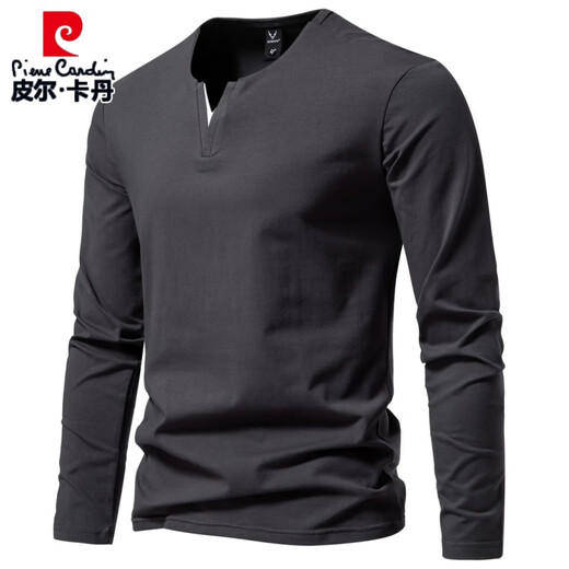 Pierre Cardin Henry heavyweight men's long-sleeved T-shirt with spring and autumn slim casual v-neck solid color bottoming shirt clothes top dark gray XL