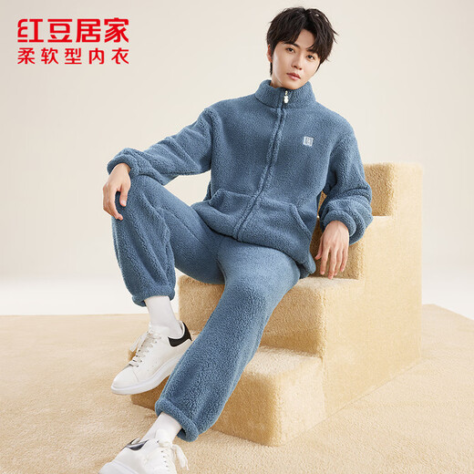 Red Bean Home Lamb Velvet Pajamas Men's Autumn and Winter Plus Velvet Thickened Cardigan Men's Home Clothes Zipper Style Monet Blue 175/96A