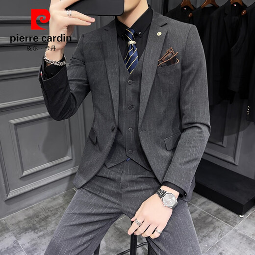 Pierre Cardin suit men's suit trendy Korean version slim fit British groom wedding dress business professional formal casual suit 2 feet green striped suit + trousers + vest with L 50/115Jin Jin equals 0.5 kg to wear