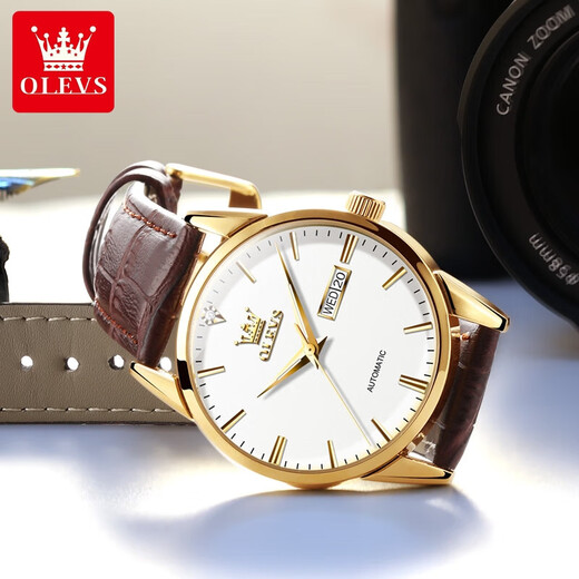 Olevs Swiss Certified Brand Watch Herren Mechanical Watch Vollautomatische Herren Uhr Waterdes Luminous Doppelkalender High-End-Uhr Olevs-6629 Männer-braune Leder weiße Oberfläche