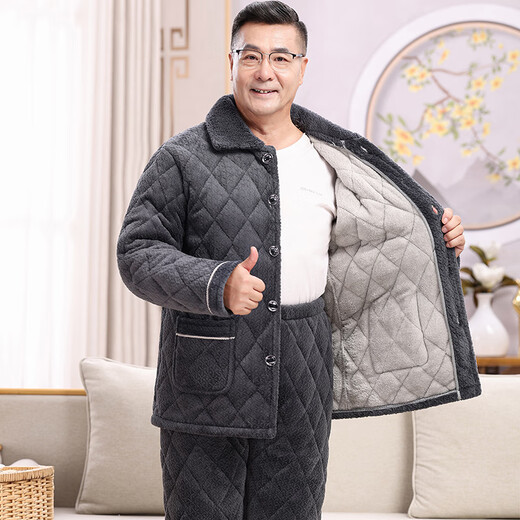 随阅睡衣男士秋冬季三层加厚加绒珊瑚绒夹棉中老年保暖爸爸家居服冬款 N9926F蓝 牛奶绒 升级加厚 L码(90-120斤）