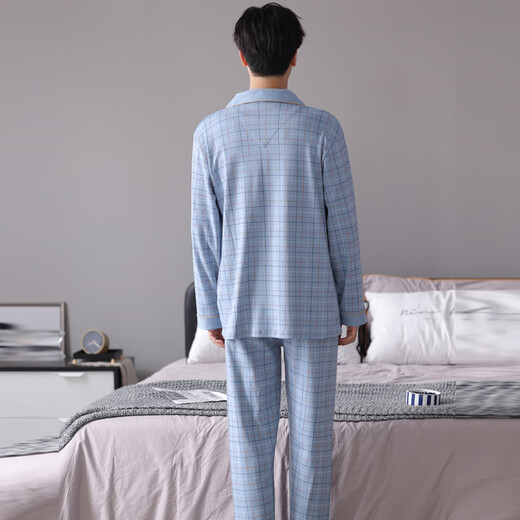 Cat Man Pure Cotton Pajamas Men's Spring and Autumn Long Sleeve Trousers Large Size Casual Loose Home Clothing Set All Cotton Can Be Outer Wear 3880 Light Blue L [Suggested 110-130Jin [Jin equals 0.5 kg]]