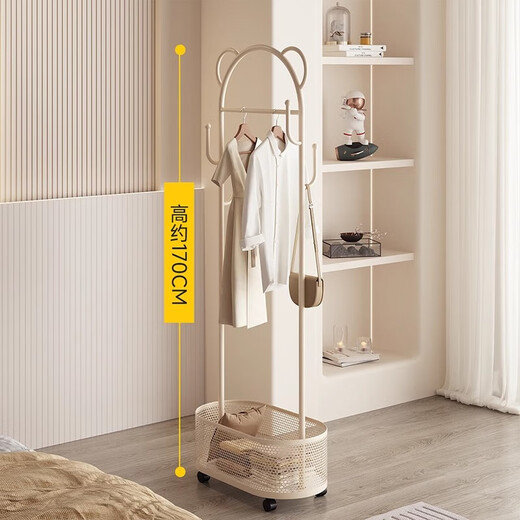 Small craftsman's coat rack floor-standing clothes rack mobile wheeled clothes drying rack living room simple storage clothes hanger 60cm cream white