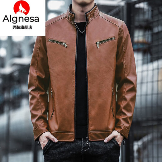 AIGNESA leather jacket for men in spring and autumn new trendy imitation leather casual plus velvet jacket trendy genuine leather winter leather jacket jacket ZH-8602 green plus velvet XL