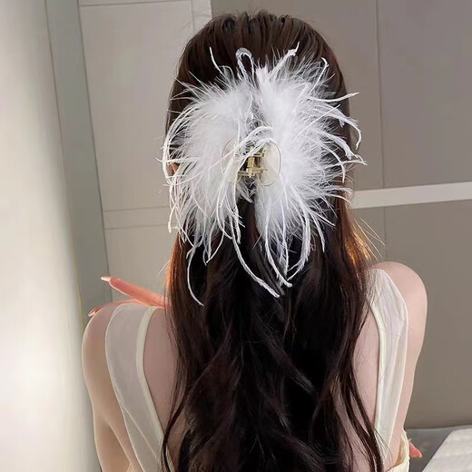 Danqin Super Immortal Ostrich Feather Hairpin Clip Large Back of the Head New Hair Shark Advanced Clip Hairpin Headgear Black Feather 13cm High-end Mainstream Color