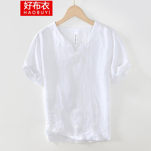 好布衣（HAOBUYI）夏季薄款纯亚麻短袖T恤男棉麻复古新中式全麻V领体恤衫 咖啡色 XXL