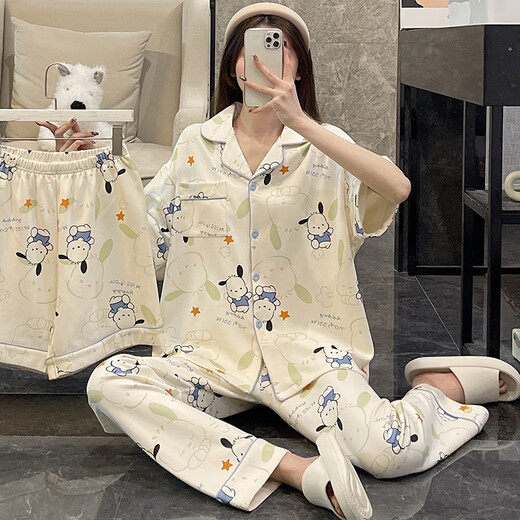TULX睡衣女三件套夏季卡通短袖短裤长裤星星帕恰狗学生休闲家居服 A701 小狗三件套带胸垫 M 80-100斤