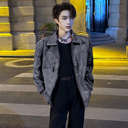 POUM Korean men's PU leather jacket trendy brand vintage handsome high street motorcycle design winter warm jacket XKFS-J318 gray regular XL