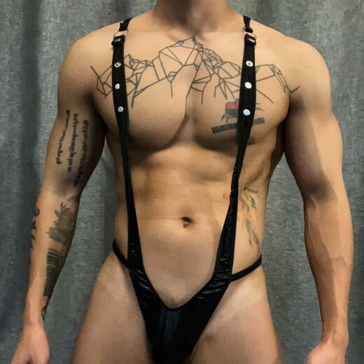 Gay sexy men's low-waist thong black imitation leather PU sexy one-piece suspenders T-pants bar performance wear