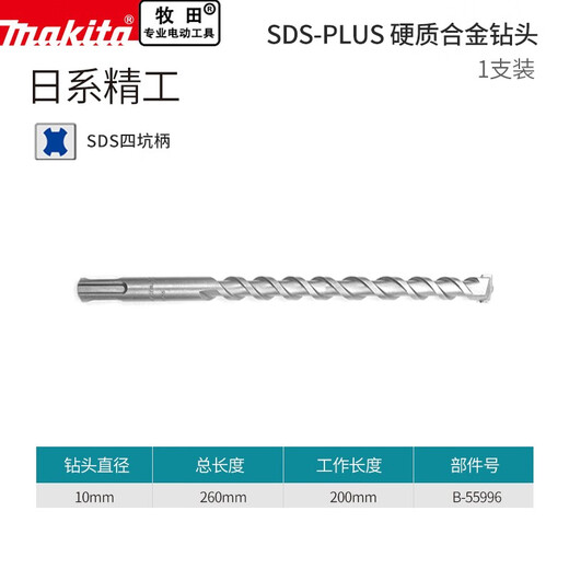 Makita electric hammer drill bit round shank two grooves two pits alloy through wall impact drill bit concrete construction drill bit (round shank 10mmx260mm)