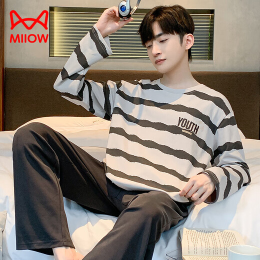 Cat men's pajamas 2024 long sleeves trousers pure cotton spring and autumn can be worn loose and cute teenager home clothing suit gentle and elegant 9901 L[120-140]