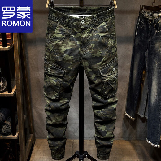 Romon Frühlings- und Herbst-Tarnung Arbeitshose Herren Sportbindungen Schlanker kleiner Fuß koreanischer Stil Mode All-Match Casual Hosen 691c Tarnung 28 Füße ein Taillenkreis