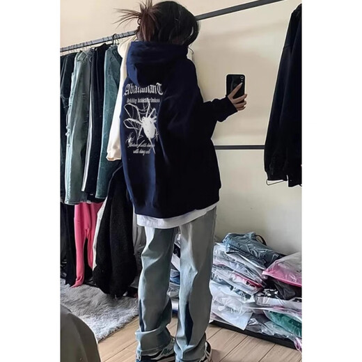 乔诗彤秋冬新款美式印花连帽卫衣女宽松休闲百搭上衣潮流ins加绒加厚 H12161深蓝色 3XL