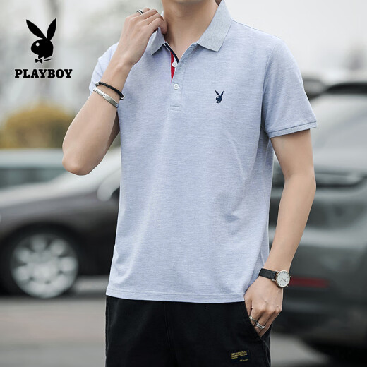 Playboy POLO shirt men's short-sleeved men's casual business solid color lapel Paul men's summer cotton men's top MT2107 gray XL