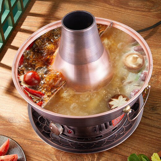 CHUILAOYE Olla Caliente de Cobre Puro Carbono y Olla eléctrica de Cobre de carbón Antiguo de Doble propósito Olla Caliente eléctrica Olla Shabu-Shabu Pato mandarín Olla doméstica Dividida Olla de Pato mandarín de Estilo Antiguo Dividido 6-8 Personas 34 cm