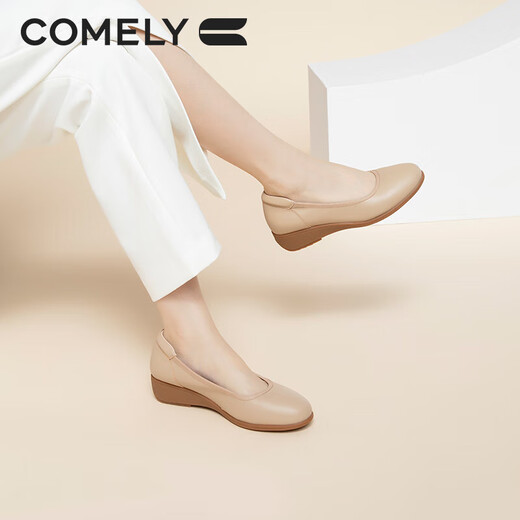 
COMELY soft cowhide single shoes for women's spring round toe comfortable flat shoes soft sole commuting versatile mother shoes apricot color 39