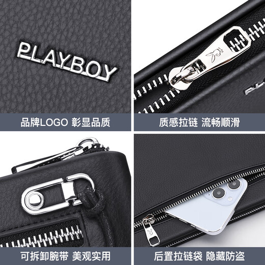 Playboy men's handbag first layer cowhide clutch bag men's bag business large capacity envelope bag clip bag casual bag black