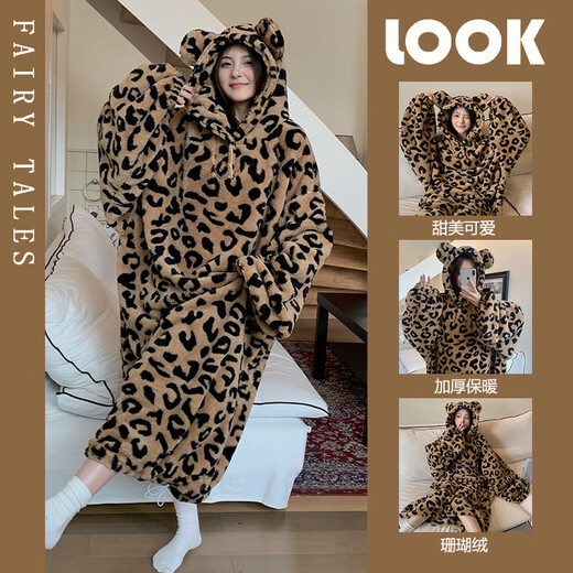 XiANGyaxin Coral Velvet Cabinage de nuit pour les femmes en automne et hiver en velours épaission Carton de pyjamas mignon Long Champion de nuit Loose Home Vêtements 673 Pink Leopard Print L 110-130Jin [Jin est égal à 0,5 kg]