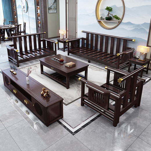 
No. 1 Haoting solid wood sofa living room, new Chinese furniture small apartment single and double three-person combination 2025 new model 9901# independent three-person seat [frame] cotton linen cover