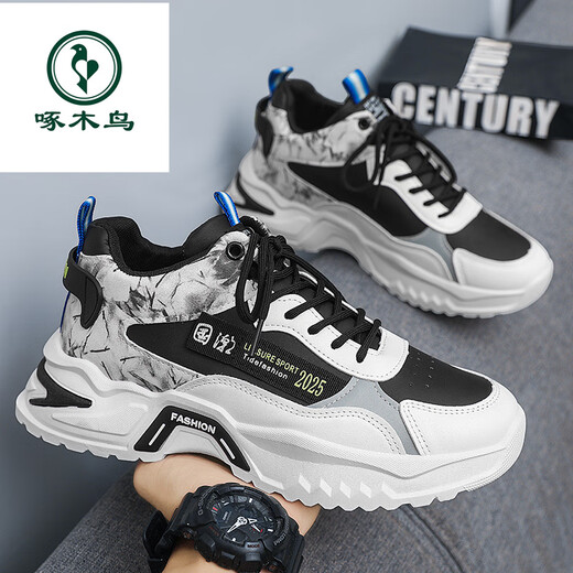 Pecker Chaussures masculines 2025 Printemps et automne Nouvelles chaussures décontractées à haut niveau Polymenal Chaussures sportives de tendance épaisse épaisses semelles résistantes à l'usure des chaussures tendance de papa blanches et noires [expédition 24h / 24] 42