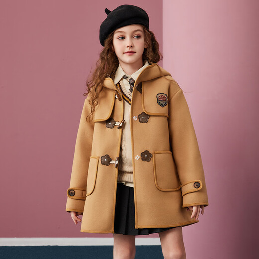 ASK JUNIOR Girls' Jacket 2025 Winter Warm Mid-Length Hooded Woolen Coat College Style Woolen Jacket Khaki 140