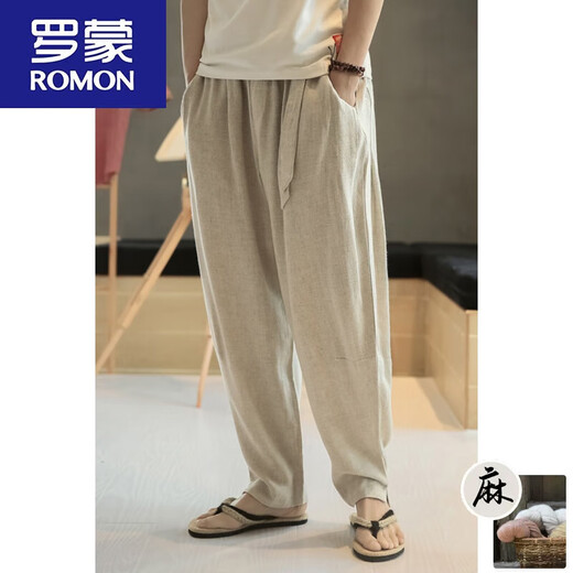 ROMON Summer Chinese style linen pants men's thin loose casual pants Harem pants nine-point pants cotton linen bloom pants men's off-white 3XL