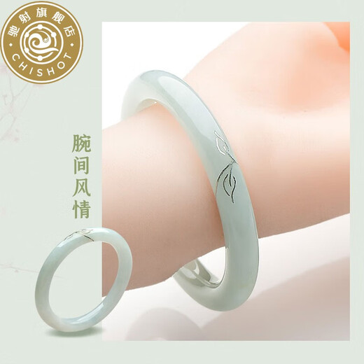 驰射翡翠玉手镯女士冰底淡绿雕花玉镯玉石玉器带证书 [款二约56毫米]QZC6169