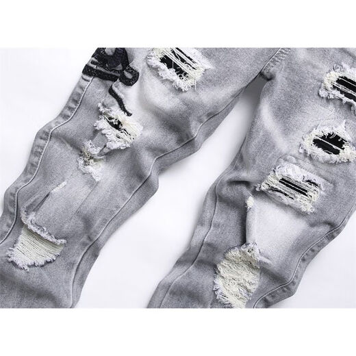 Moring Bull New High Street AM Trendy Jeans Herren zerrissener Cobra Sticker Leder Patch Elastizität Slim Black Black 3523 29