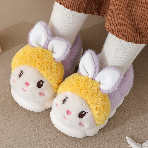 Candy astringent children's cotton slippers, winter plus velvet, thickened, warm, soft sole, non-slip, home cartoon rabbit, boys and girls, baby cotton slippers, heel included, pink, size 22-23, inner length 14cm