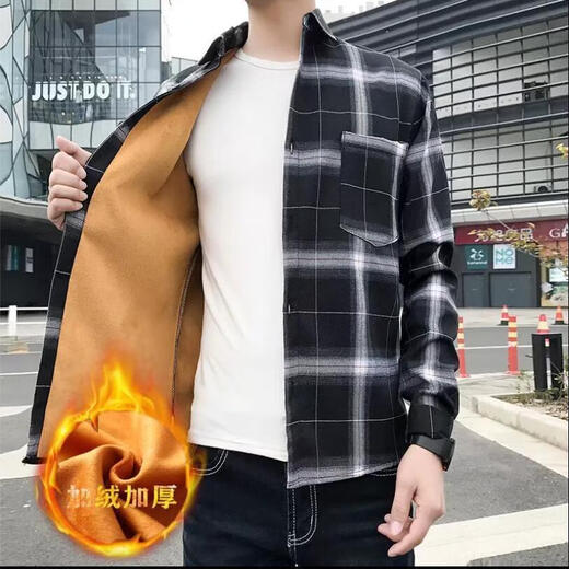 熊司令男士保暖衬衫秋冬季格子加绒加厚衬衣长袖港风金丝绒学生休闲外套 9905黑色衬衫 加绒 M