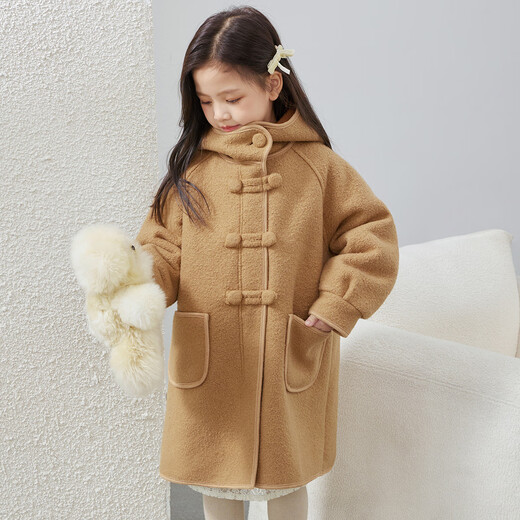 图图小象女童连帽外套2025秋冬款皮毛一体简约风大衣中大童装中长款双面绒 卡其色 150 身高约150cm
