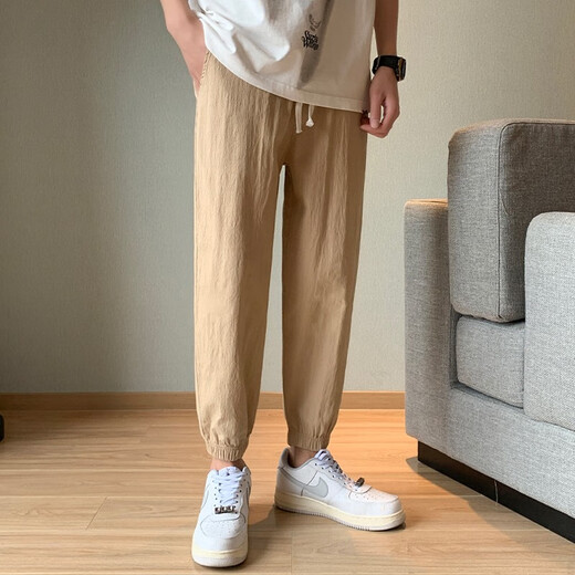 都美姿休闲裤男夏季系带松紧腰百搭运动弹力哈伦裤宽松束脚小脚九分裤男 黑色-百搭 XL