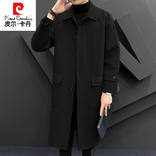 Pierre Cardin men's double-sided woolen coat mid-length autumn and winter high-end lapel wool thickened knee-length windbreaker jacket trendy black M 120Jin Jin equal to less than 0.5 kg