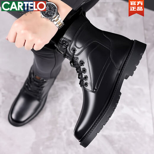 卡帝乐鳄鱼（CARTELO）马丁靴男士真皮羊毛保暖棉靴高帮头层牛皮工装户外加厚雪地靴冬季 3519 黑色【皮毛一体 平底款】 38