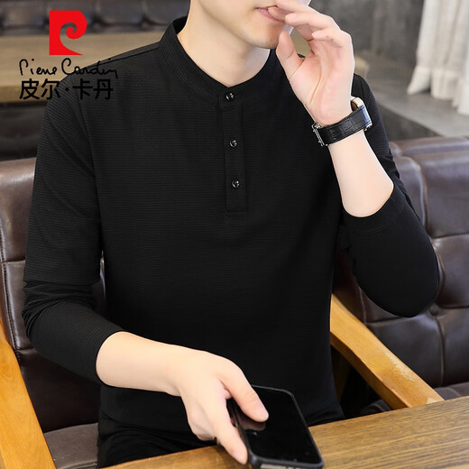 Pierre Cardin stand collar long-sleeved T-shirt men's spring and autumn trendy white Henry collar inner bottoming shirt men's early autumn tops 56119 black L 175
